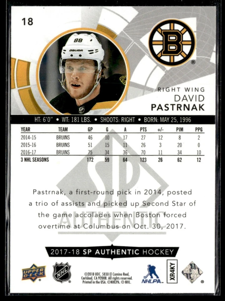 2017-18 Sp Authentic David Pastrnak #18 - Image 2 of 2
