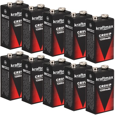 10x 9V Lithium Rauchmelder 10 Jahres Block Batterien mit 1200 mAh von kraftmax
