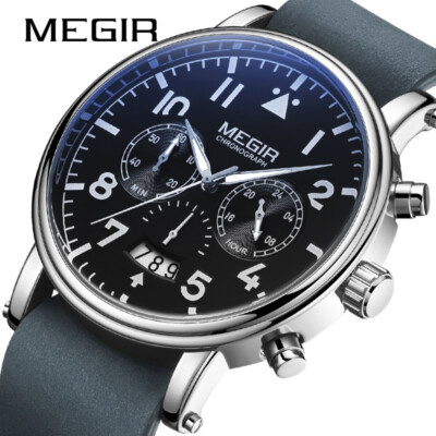 MEGIR Herren Leder Sportuhr Kalender Leuchtende wasserdichte Quarz Armbanduhr