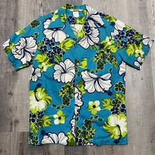 VTG 1960s Royal Hawaiian Tapa Barkcloth Shirt Floral Coin Button Loop Collar M