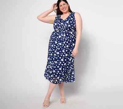 Isaac Mizrahi Twist Front Mesh Midi Dress-Navy Dot-Petite Large A638410 NEW  | eBay