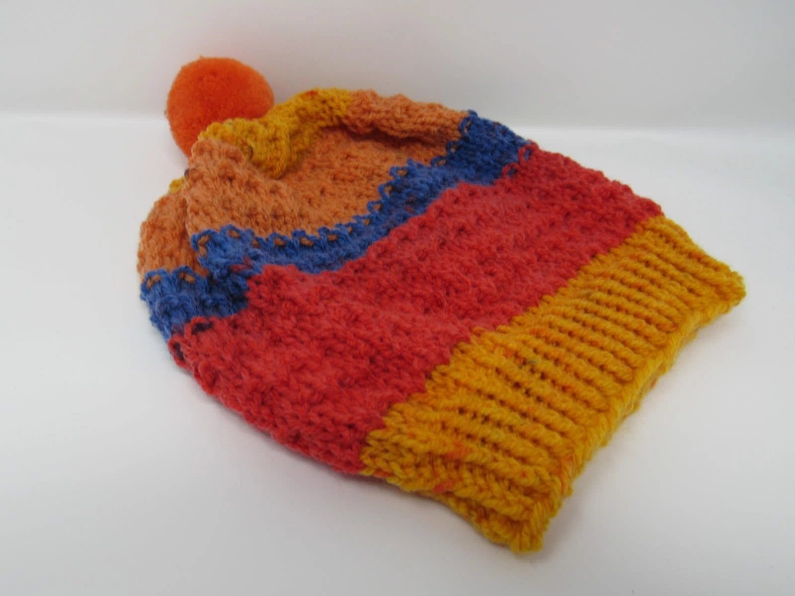 Handcrafted Knitted Hat Textured Pom Pom 100% Acrylic Unisex Kids 2-4 Striped