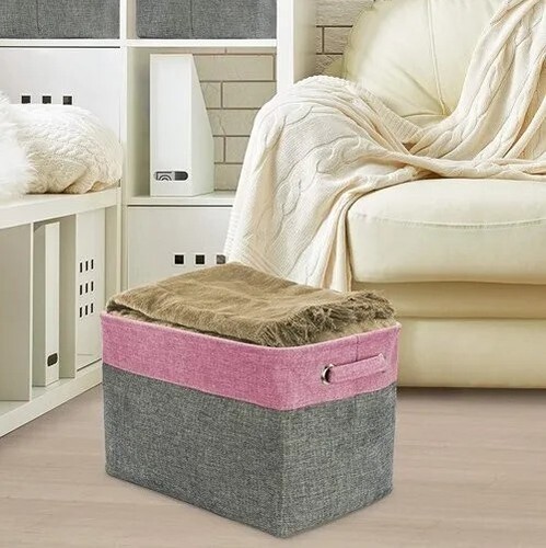 Sorbus ~ Collapsible ~ Storage Basket w/Handles ~ 15 x 10.75 x 9.5 ~ PINK Twill - Picture 3 of 7