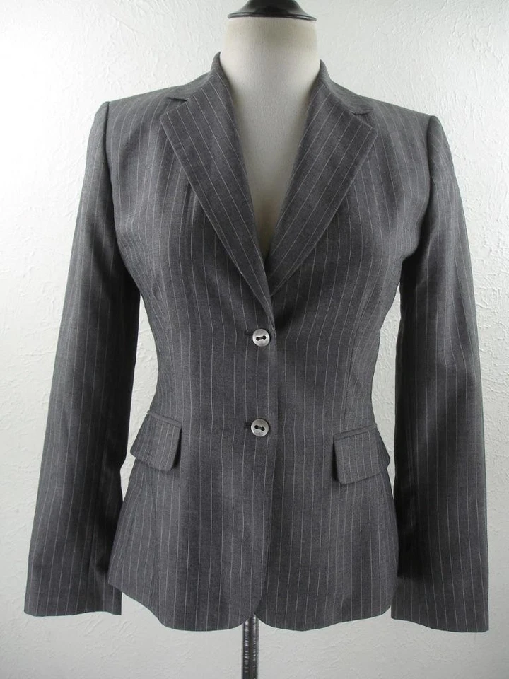 Mujer 4 Tahari 2 Piezas Traje Gris Rayas Pantalones 28 X 31 Chaqueta Blazer Abrigo Deportivo Foto 2 de 4