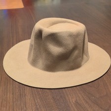 100 Wool Felt Fedora Wide Brim Hat Beige S/M 56.5 CM Women Solid Casual