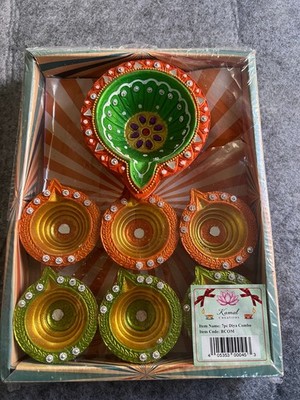 Indian Diwali Diya Lamp Set 7pc Hand Painted Clay Oil Lamps Decor Gift