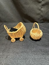Vintage Miniature Doll House Wicker Stroller Baby Doll Carriage Buggy & basket