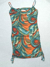 Timing Sleeveless Ruched Sides Cowl Neck Mini Cami Dress L Swirls Retro Clubwear