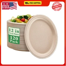 100% Compostable Oval Paper Plates 12 inch 120 Pack Super Strong Disposable