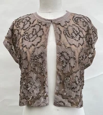 Dolan Bolero Top Beige Sequins Lace Holiday Top Hook Eye Cap Sleeves M/L