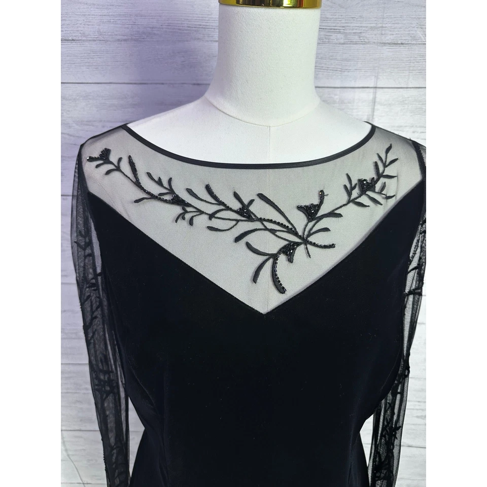 Vestido De Colección Maggy London Negro Terciopelo Cuentas Ilusión Transparente Talla 8 Whimsygoth Y2K Foto 4 de 4