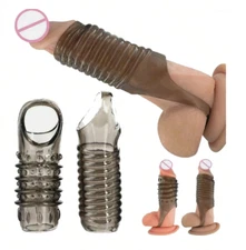 2PCS Open Tip Thick Penis Sleeve Cock Sheath Cage Girth Enhancer with Ball Strap