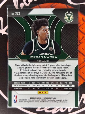 2020-21 Panini Prizm Jordan Nwora Rookie Card Base #273 Milwaukee