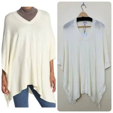 Modena Nordstrom Womens Cottagecore V-Neck Knit Sharkbite Poncho ONE SIZE Ivory