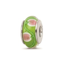 Reflection Beads Sterling Silver Hand-Blown Green  Pink Floral Glass Bead