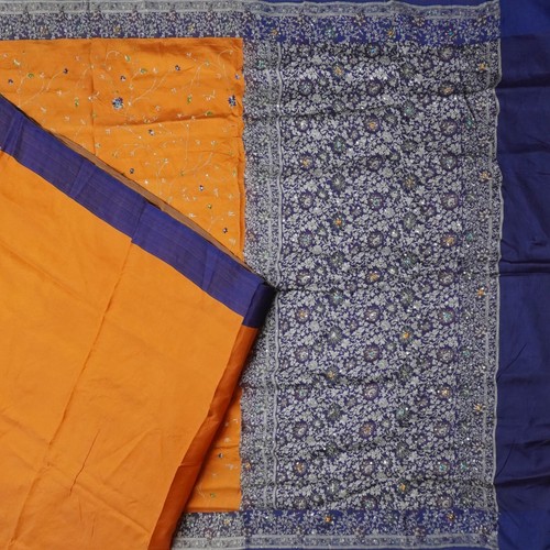 Vintage Arancione Sari 100% Pura Seta Intrecciato Mano Ricamato Sari 5.5m Craft - Foto 3 di 6