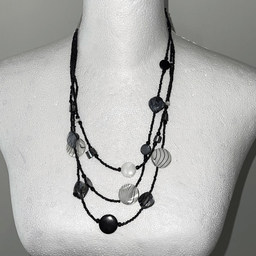 Handmade Womens Stones And Beads Multi Strand Beaded Necklace Black White OS