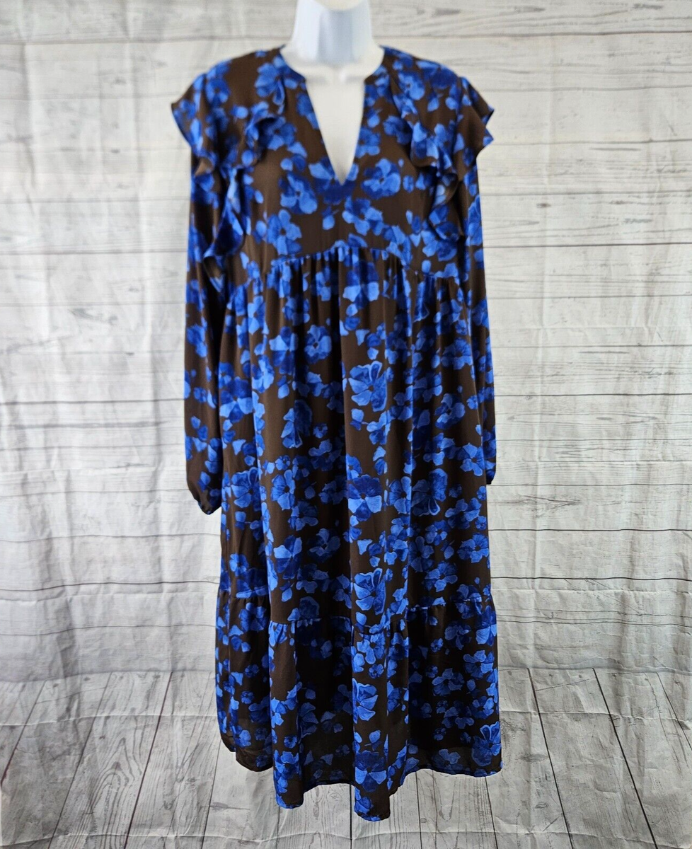 A New Day Womens Midi Dress Sz Medium Blue Brown Floral Long