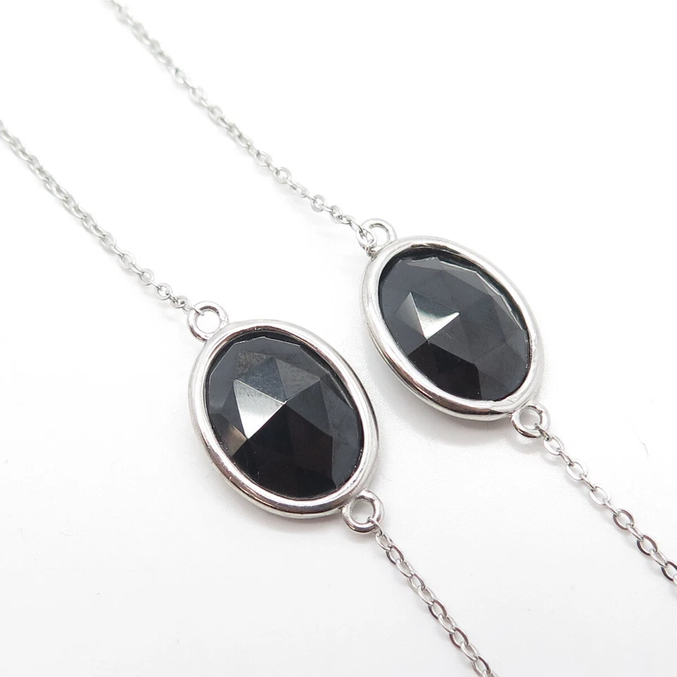 925 Sterling Silver Real Oval-Cut Black Spinel Flat Cable Chain Necklace 20" Foto 3 de 4