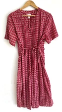 GO SOFTLY Patio Dress Red Floral & Geometric Print V Neck Tie Waist Pleat Size L