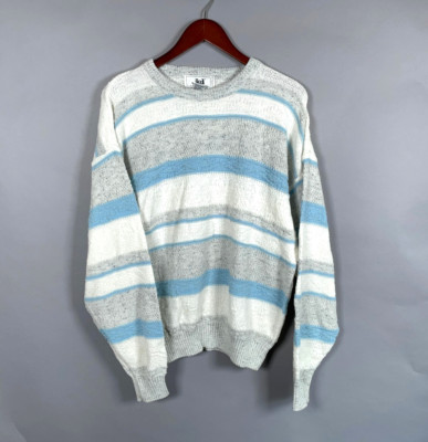 JED 90s Textured Stripe Pattern Sweater Adult Large White Blue Cotton Knit