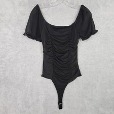 Teens Bodysuit Size Small Black Scoop Neck Ruched Sheer Puff Sleeve Snap Buttons