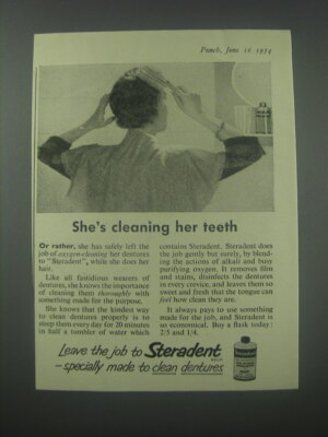 1954 Steradent Denture Cleaner Ad - She's cleaning her teeth