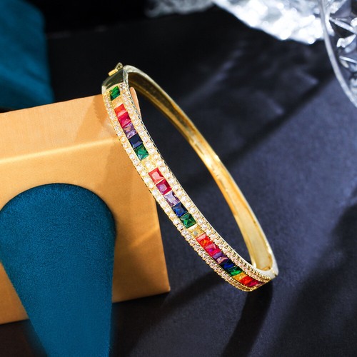 Square Cut CZ Open Cuff Bangle Cubic Zirconia Silver Plated Blue for Brides Prom - Imagen 8 de 21