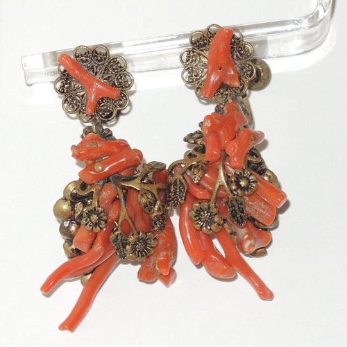 1930s Unsigned Miriam Haskell Coral Branch Dangle EARRINGS Brass w Floral Leaves