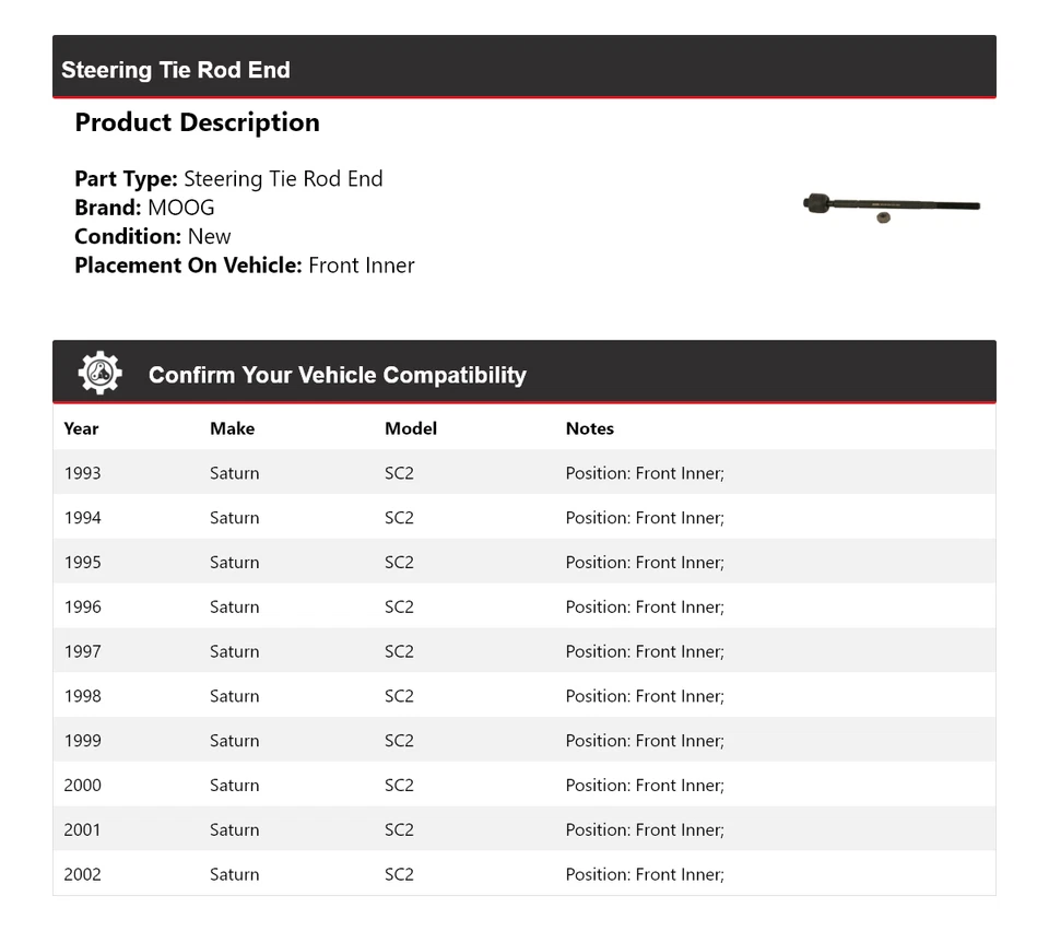 Barra de dirección interior delantera MOOG 1993-2002 Saturn SC2 1993-2002 1993 1994 1995 Foto 2 de 4
