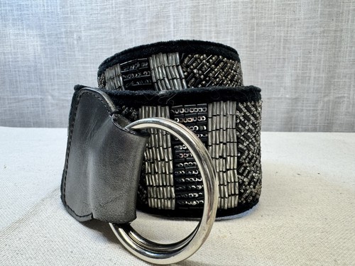 VTG CHICOs Black Suede Leather Seed Bead Embellished Glam Boho Hip Belt Large - Picture 7 of 11