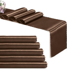 Set of 5 Chocolate Brown Satin Table Runners, 12" X 108" Long Bright Smooth Ta
