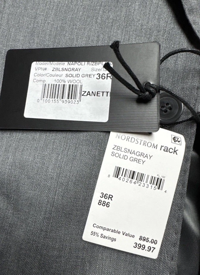 NEW ZANETTI Suit Sz 36R Pants 30 x UNF Gray 2 Button Made in Italy 100% Wool NWT - Image 4 of 4