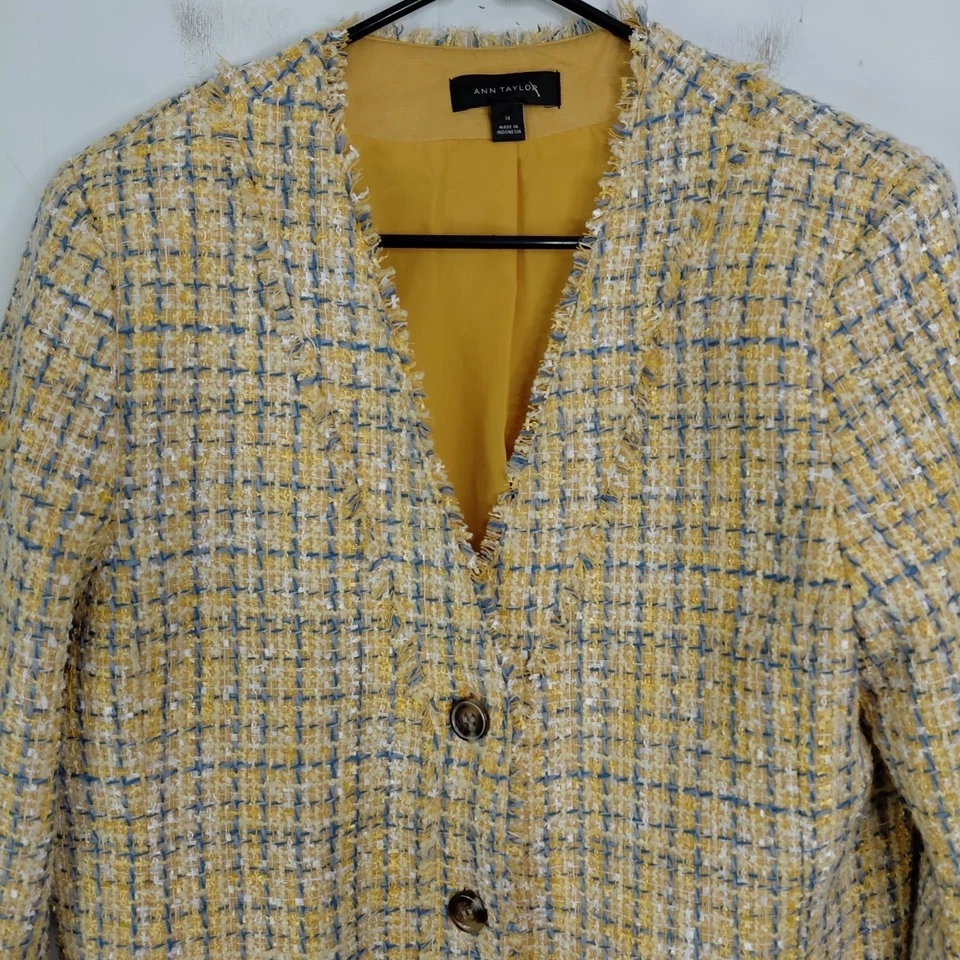Blazer Ann Taylor Mujer 14 Flecos Tweed Carrera Oficina Corporativa Amarillo Azul Foto 4 de 4
