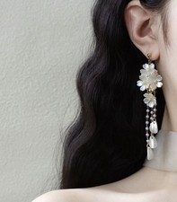 White Pearl Floral Earrings, Pearl Flower Drop Earrings, Long Tassel Earring New