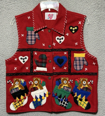 Keren Hart Christmas Vest Womens Medium 70% Wool Embroidery Stockings Snow Artsy