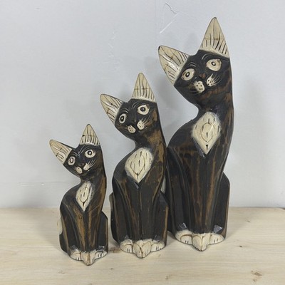 Vintage Mid Century handgeschnitzte Holz Katzen 3er Set Katzenliebhaber Ornamente 25 cm