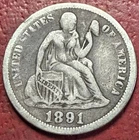 1891 Seated Liberty Dime. Free Shipping