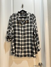 NWT Karen Kane Plaid Shirt ButtonDown Roll Tab Sleeve Starlight Sz3X Black/White