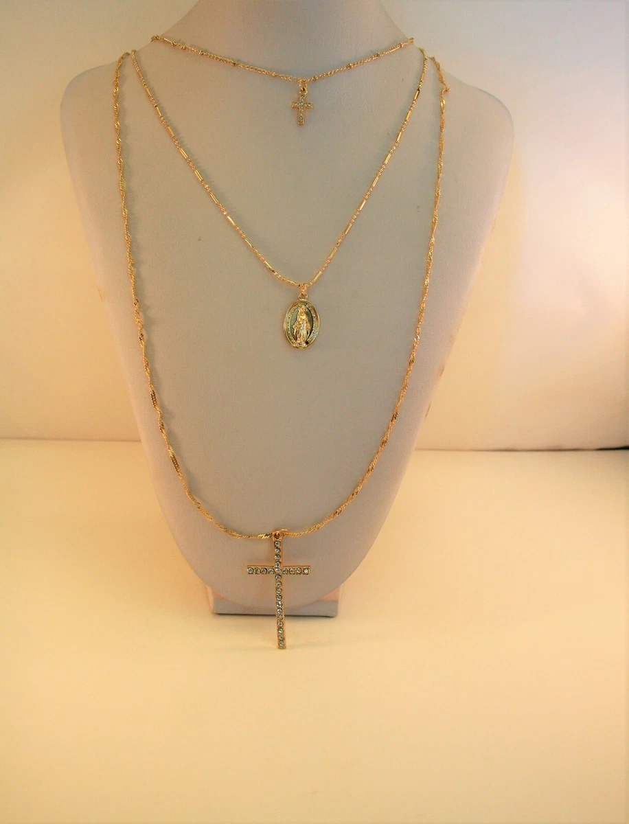 JC Penney gold tone 3 layer crystal cross pendants necklace 3