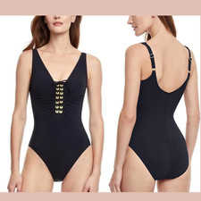 NWT Gottex  8 US  Golden Touch V Neck One Piece Swimsuit Black u1342