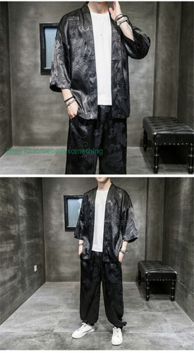 New Men's Japanese Kimono Set Fashion Summer Streetwear Dragon Embroidery - Picture 12 of 20
