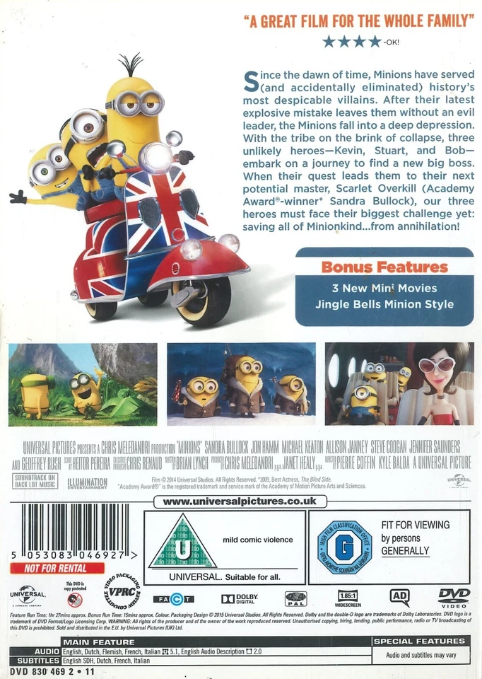 Minions (2015) DVD, Sandra Bullock, Jon Hamm, Michael Keaton [Region 2, 4] - Image 2 of 2