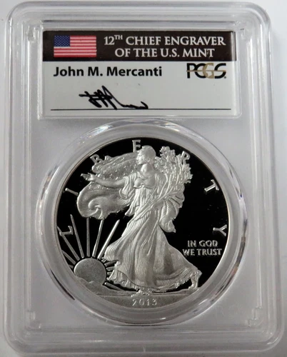 2013 W SILVER AMERICAN EAGLE $1 PROOF 1 OZ MERCANTI SIGNED COIN PCGS PR 70 DCAM