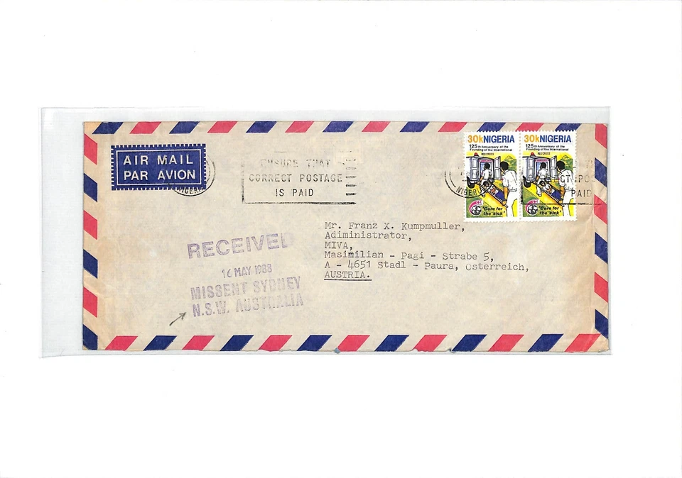NIGERIA Austria Air Mail *MISSENT SYDNEY AUSTRALIA* Cover MIVA VEHICLES 1988 CF7 - Image 2 of 4