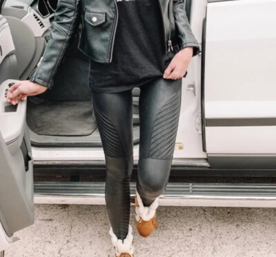 Spanx Womens Sz M 6-8 Black Faux Leather Moto Leggings Pants Stretch Rare 