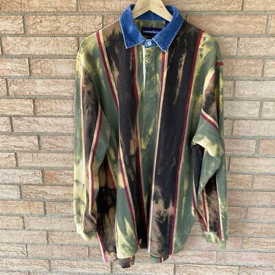 90s y2k Lawton Harbor acid wash tie dye vertical striped long sleeve polo  shirt