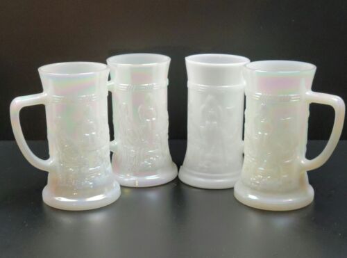 4 Vintage Federal Glass Milk Glass & Moonglow Iridescent Beer Mugs Tavern Scene - Picture 1 of 11