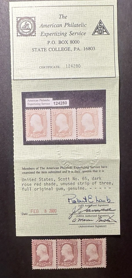 Strip of 3 #65 UNUSED W/ FULL GUM APS CERTIFIED 164 YEARS OLD! - Image 2 of 4