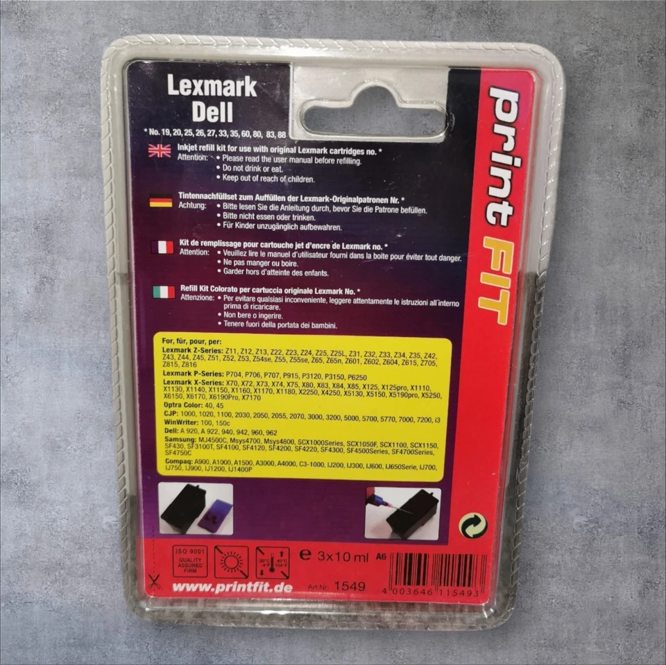 PrintFIT Refill Kit 3x10ml Ink for Lexmark Dell Cartridges No 19–88 New Sealed - Image 2 of 2